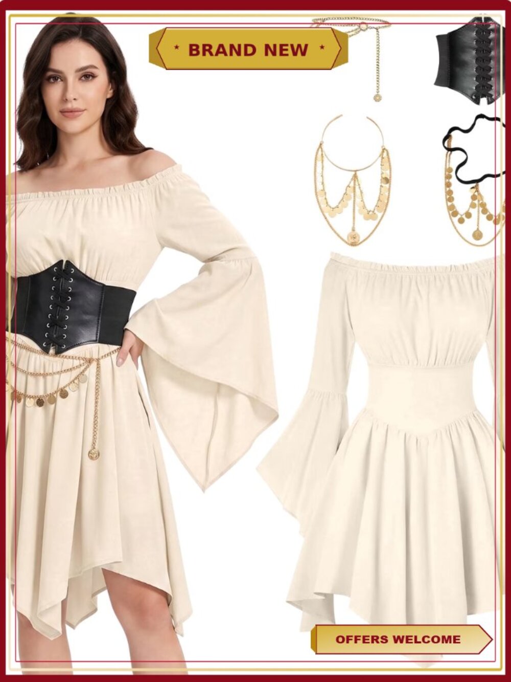 Women's Renaissance Pirate Costume Dress with Corset Belt Set, Off Shoulder